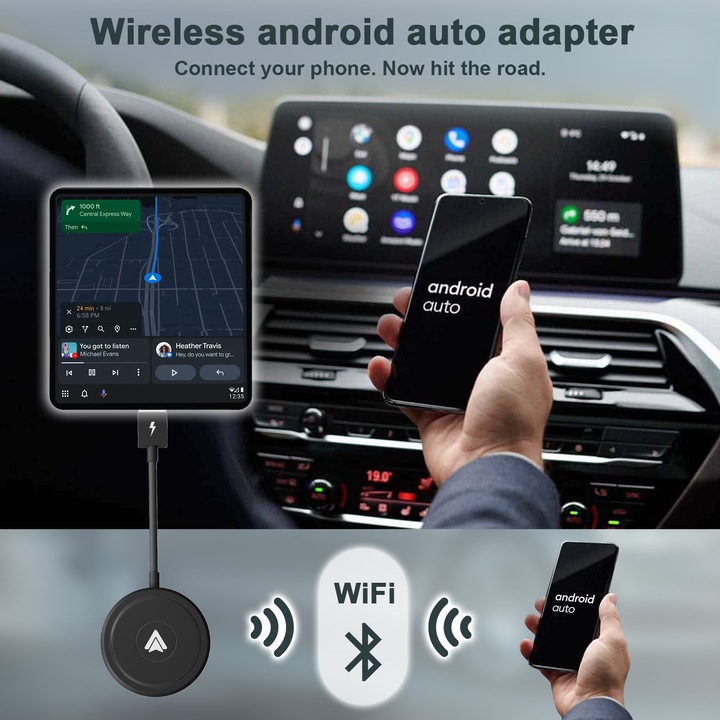 Модул за безжичен адаптер Aivetrie, Android Auto, Свързва се автоматично, WiFi 5GHz, Лесна конфигурация Plug and Play, Гласов контрол на Google, Съвместим с нормален USB или USB тип C, Черен