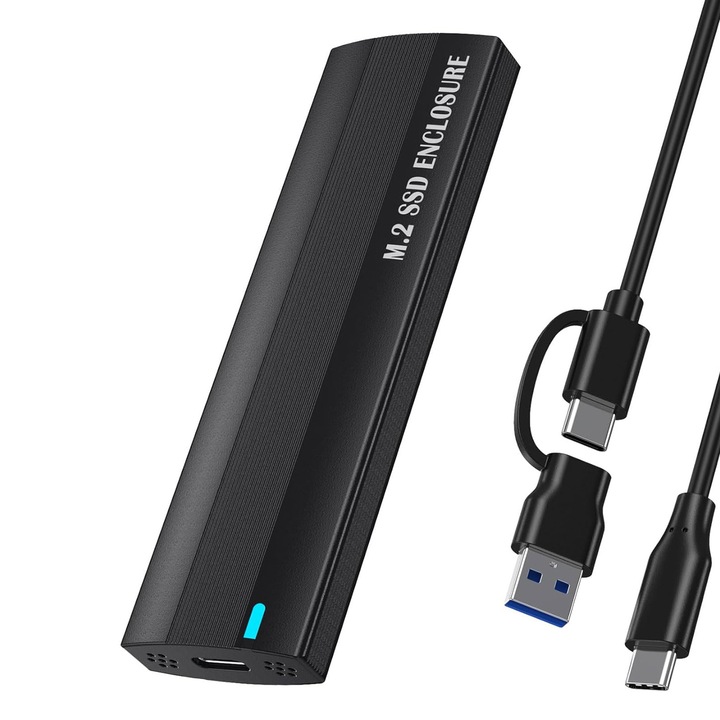 M.2 NVMe/SATA SSD кутия, 10Gbps, M.2 SSD към USB 3.1, кабел 2 в 1, за Windows7/8/10/11, Mac OS, Linux, OUYLAF, черен