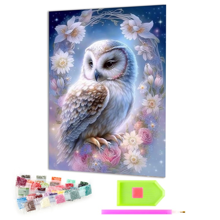 Set broderie cu diamante GIEAAO 5D, Model Bufnita, 30x40 cm, Multicolor