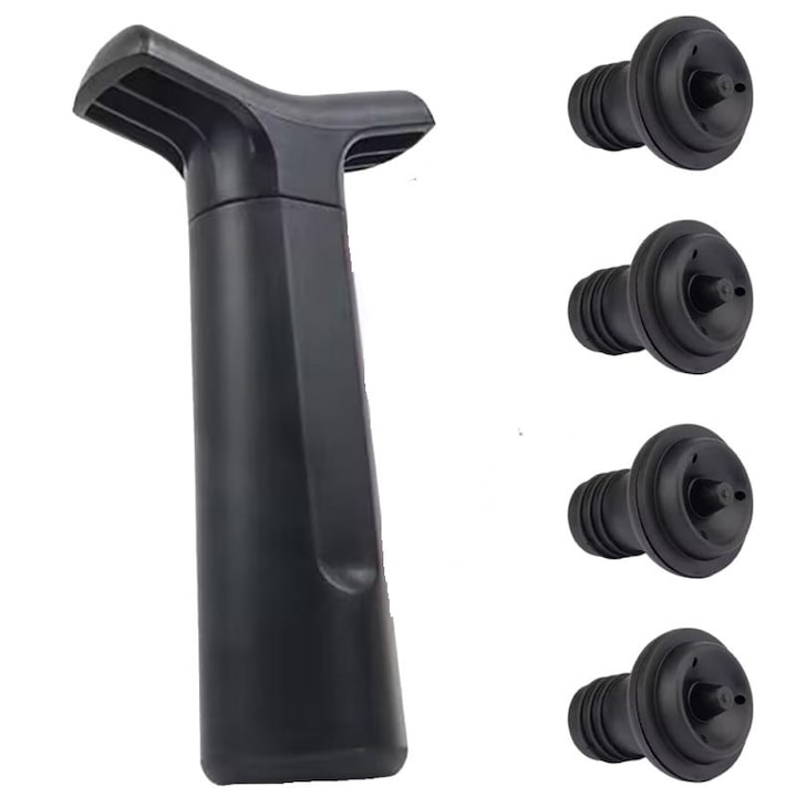 Pompa vidare vin cu 4 x dopuri pentru sticle de vin, cu indicatori de data pentru a va pastra vinul proaspat si oprirea oxidarii vinului，negru, plastic，silicon