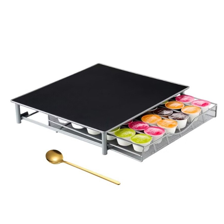 Suport capsule 36 Dolce Gusto, tip sertar, 39x35cm, Hokretme, argintiu