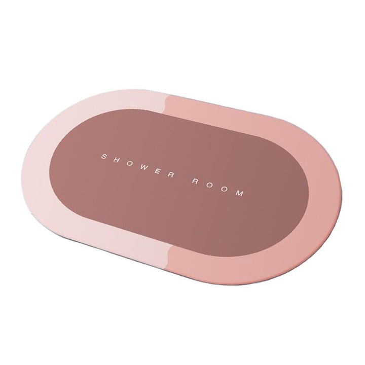 Covoras de Baie Antiderapant Hokretme, Substrat Absorbant, Uscare Rapida, Model „Shower Room”, Oval, 40 x 60cm, Rose