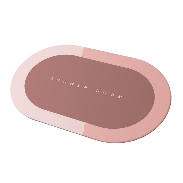 Covoras de Baie Antiderapant Hokretme, Substrat Absorbant, Uscare Rapida, Model „Shower Room”, Oval, 40 x 60cm, Rose