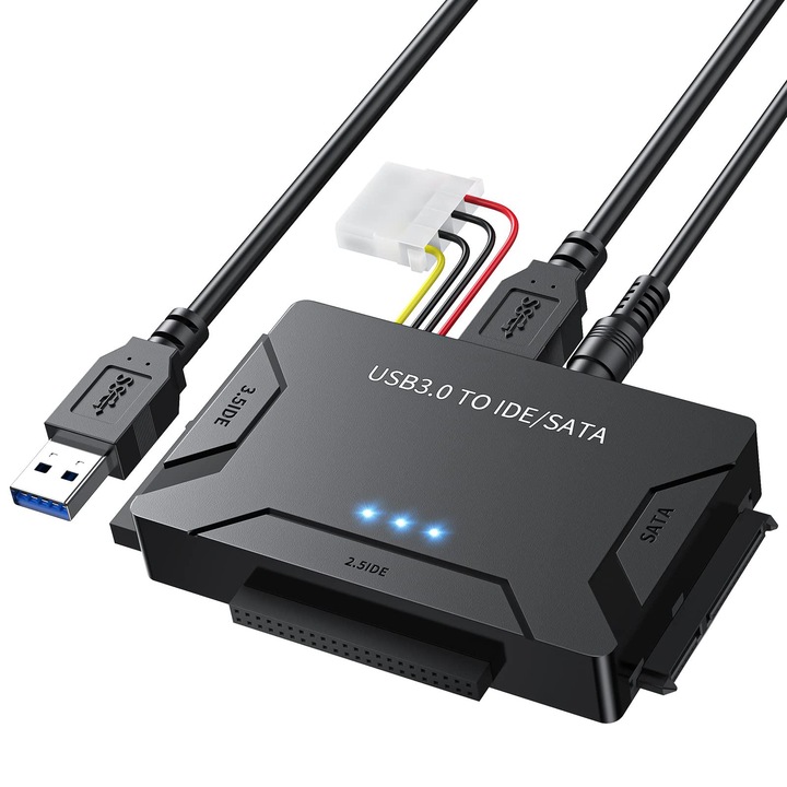 USB 3.0 – SATA/IDE 2,5/3,5 hüvelykes adapter, 3 az 1-ben, tápegységgel, plug and play, HDD, SSD, DVD adatátvitelhez, 1 m, Fekete