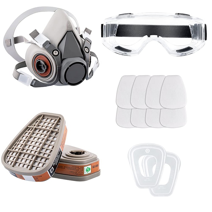 Set masca de protectie vopsea respiratorie, Rqiurpn, cu Ochelari de Securitate, Filtru Dublu, Reutilizabila, 8 filtre din bumbac