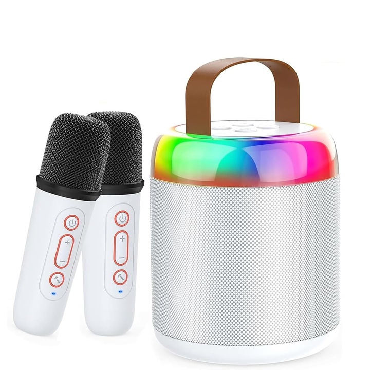 Hordozható karaoke szett LED lámpákkal, ének effektekkel, 2 vezeték nélküli mikrofonnal, Bluetooth 5.3, fehér, 10x10x12 cm