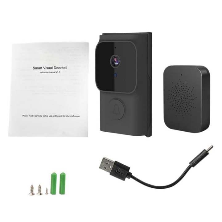 JESWO vezeték nélküli video csengő, éjjellátó, 480P, Tuya APP Control, fekete, 9,1x5,3x2,6 cm