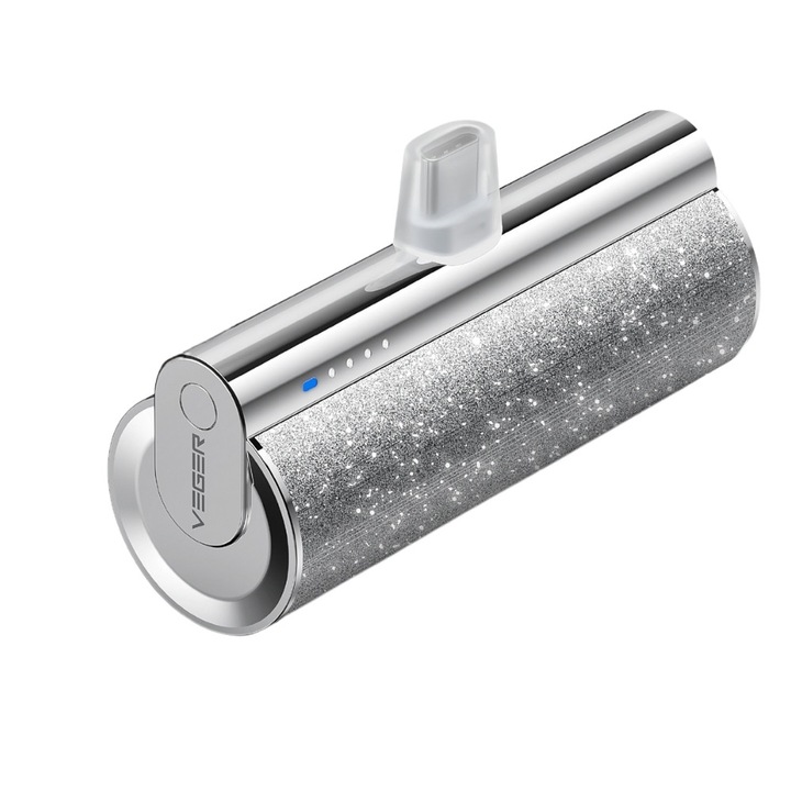 Power Bank VEGER LIPSTICK-C, 5000mAh, USB-C, 12W, 100 x 22 x 22 mm, Argintiu