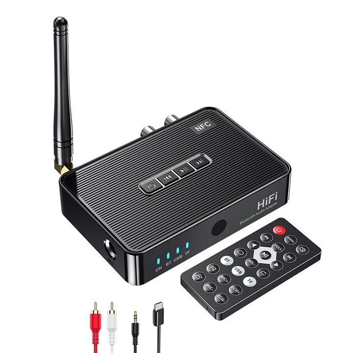 Adaptor Bluetooth 5.1 receptor audio, NAXSIR, Cu telecomanda, Suport microfon, AUX/2RCA/TF/USB, NFC, Negru