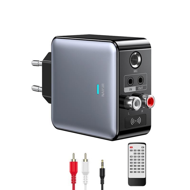 Adaptor Bluetooth receptor audio 3 in 1, NAXSIR, Transmitator Si Receptor TX/RX, Functie de Incarcare Rapida DC2.1A, Cu telecomanda, Suport microfon, NFC, Argint