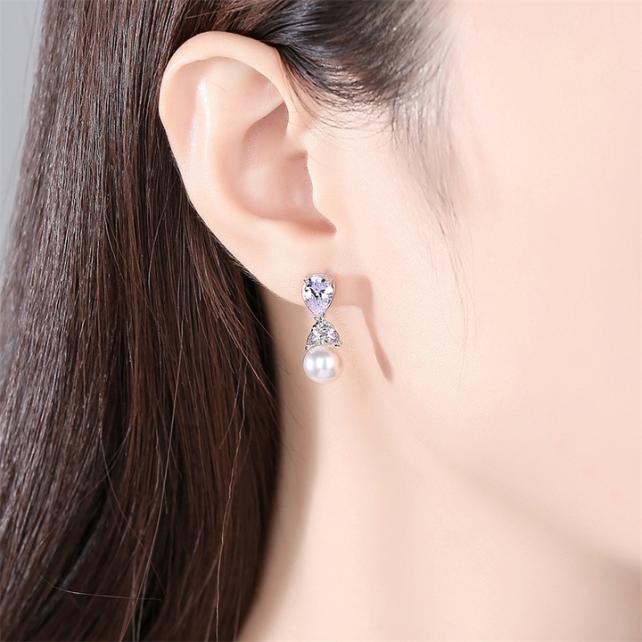 Cercei de argint pentru Pearl Zirconia, Diva4u, Argintiu/Alb