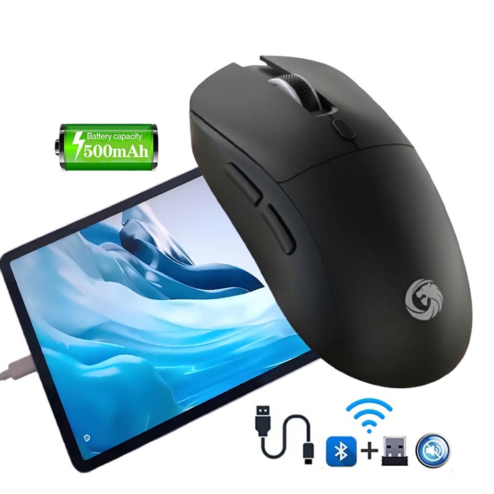 Mouse Wireless Fbirddek® M30 Bluetooth si 2.4GHZ, Receptor USB, Silentios, Reglabil 800/1200/1600DPI, USB-C, Ergonomic, Pentru laptop PC Mac, 500mAh, Negru
