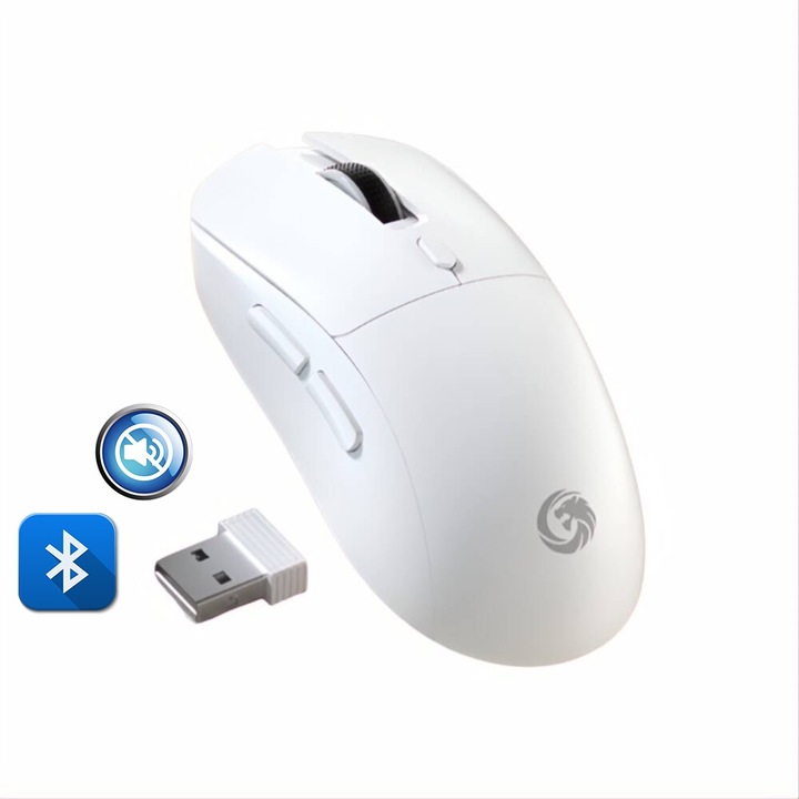 Vezeték nélküli egér Fbirddek M30 Bluetooth és 2,4 GHZ, USB vevő, csendes, állítható 800/1200/1600 DPI, USB-C, ergonómikus, PC Mac laptophoz, 500 mAh, fehér