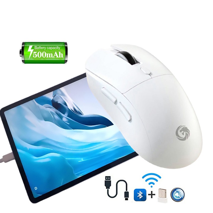 Mouse Wireless Fbirddek® M30 Bluetooth si 2.4GHZ, Receptor USB, Silentios, Reglabil 800/1200/1600DPI, USB-C, Ergonomic, Pentru laptop PC Mac, 500mAh, Alb