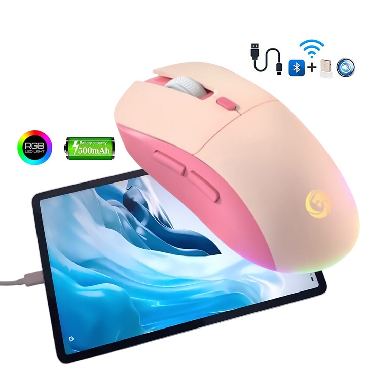 Mouse Wireless Fbirddek® M30 Bluetooth si 2.4GHZ, 7 culori cu LED-uri, Receptor USB, Silentios, Reglabil 800/1200/1600DPI, USB-C, Ergonomic, Pentru laptop PC Mac, 500mAh, Roz