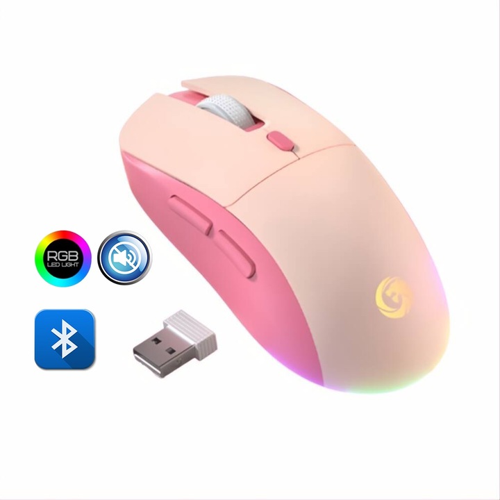 Безжична мишка Fbirddek® M30 Bluetooth и 2.4GHZ, 7 цвята със светодиоди, USB приемник, безшумна, регулируема 800/1200/1600DPI, USB-C, ергономична, за лаптоп PC Mac, 500mAh, розова