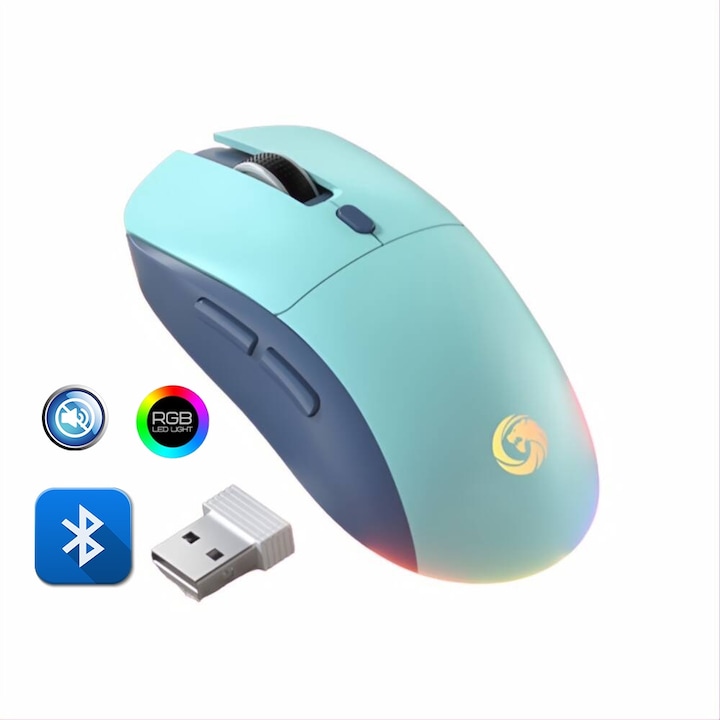Vezeték nélküli egér Fbirddek M30 Bluetooth és 2,4 GHZ, 7 szín LED-ekkel, USB vevő, Csendes, Állítható 800/1200/1600DPI, USB-C, Ergonomikus, PC Mac laptophoz, 500 mAh, Kék