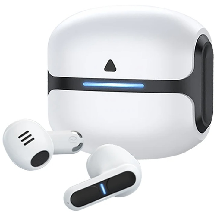 CLOOPER™ vezeték nélküli bluetooth fejhallgató, THETA által tervezett, játék dinamikus effektussal, fülbe helyezhető, vezeték nélküli, sport, HD mikrofonnal, érintésvezérléssel, hangos asszisztenssel, Bluetooth 5.3, Univerzális, Mágneses tok, Fehér szín