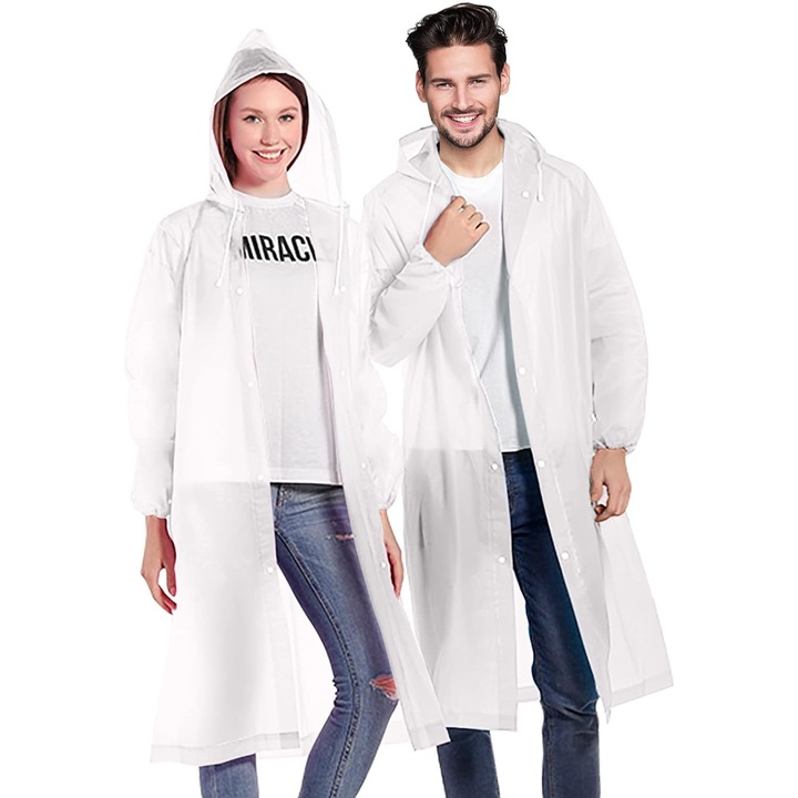 Set 2 pelerine de ploaie impermeabile, enkourakoko®, 155 cm, Transparent Alb