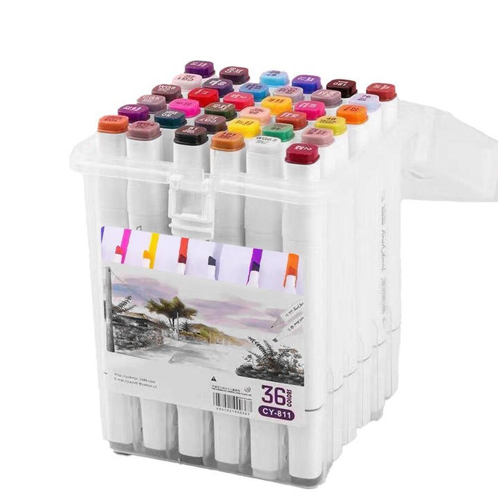 Set 36 De Carioci Multicolor Cu 2 Capete, Tip Marker, Cerneala Pe Baza De Alcool, Cutie de ambalare transparenta
