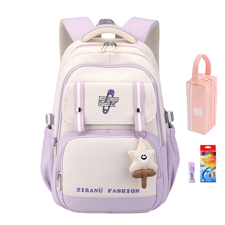 Ghiozdan scoala, Ziranu, Rucsac fete, Capacitate Mare, Impermeabil, Compartimente multiple, Fermoar dublu, Clasa 2-8, Confortabil, Rezistent, Respirabil, Cu geanta troler curea, 32x20x48cm, Mov/alb