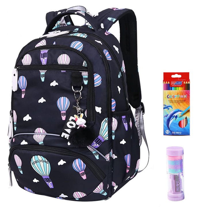 Ghiozdan multifunctional, set cu accesorii, impermeabil, Poliester, negru, 31x16x45cm