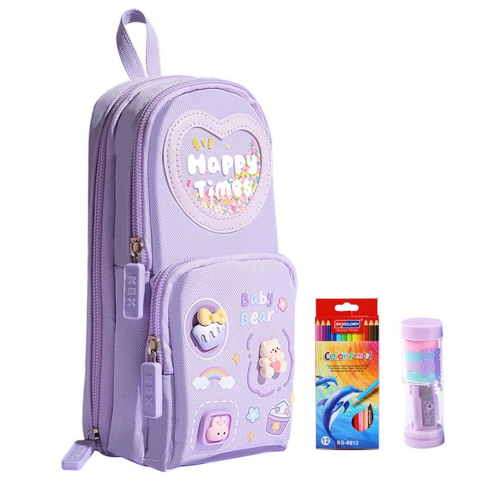 Tolltartó, készlet színes ceruzákkal/kiegészítőkkel, poliészter, lila, 21x9,5x6,5 cm