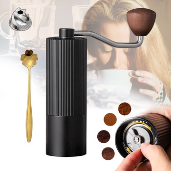 Rasnita cafea manuala, miez de macinat 420 inoxidabil, Reglabila, pentru Espresso, French Press, Pour Over, Maner detasabil, Deschidere si inchidere rotativa, argintiu/negru