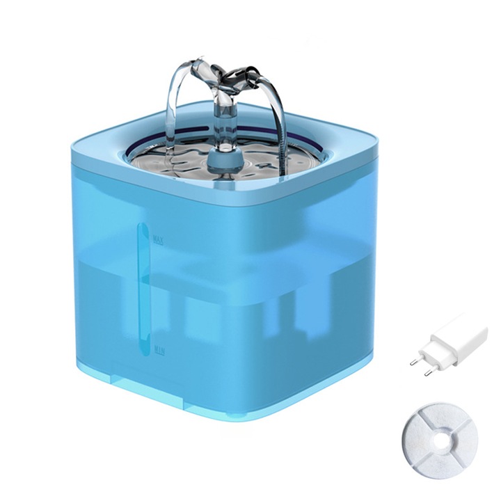 Автоматичен диспенсър за вода тип фонтан, VIELLAN, пречистване на водата, ултра-безшумен, 2 л, USB щепсел адаптер, кучета/котки, син