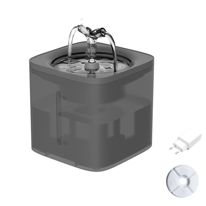 Автоматичен диспенсър за вода тип фонтан, VIELLAN, пречистване на водата, ултра-безшумен, 2 л, USB щепсел адаптер, кучета/котки, сив