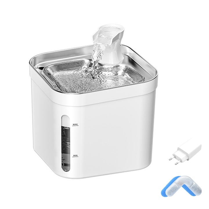 Dispenser Apa Automat Tip Fantana, VIELLAN, cu purificare si filtrare prin carbune activ, silentios, 2.2 L, Adaptor USB Priza, Alb