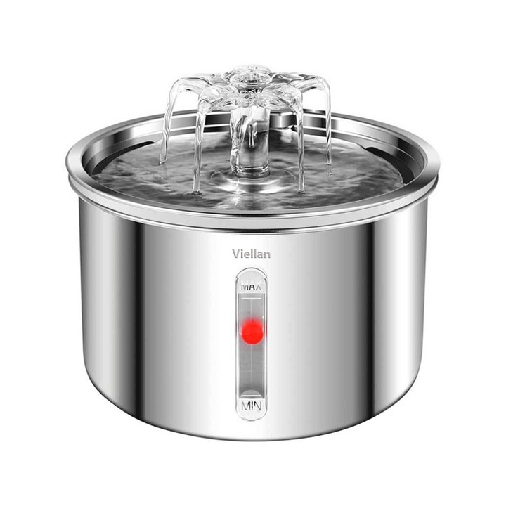 Автоматичен диспенсър за вода тип фонтан за котки и кучета, VIELLAN, с пречистване и филтриране с активен въглен, с прозорец за нивото на водата, неръждаема стомана 304, 2 L, USB адаптер, сребрист