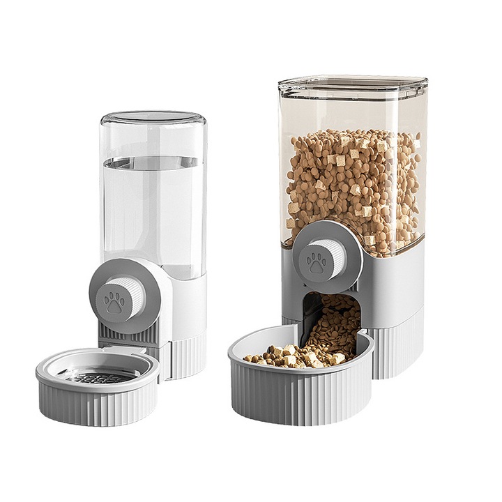 Set dispenser automat de apa si mancare, VIELLAN, Responsabil pentru distribuirea hranei si apei animalului tau de companie, Detasabil si lavabil, 1.2 L, Gri