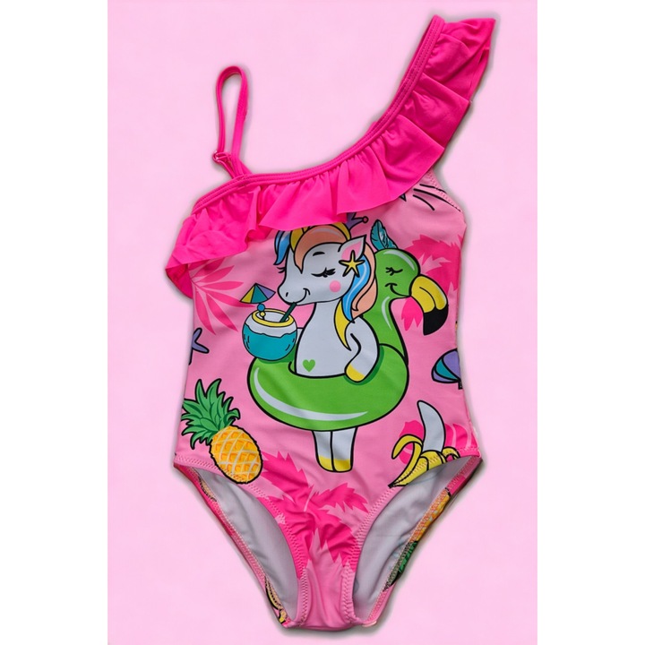 Costum de baie fete intreg, imprimeu unicorn 6365, Roz