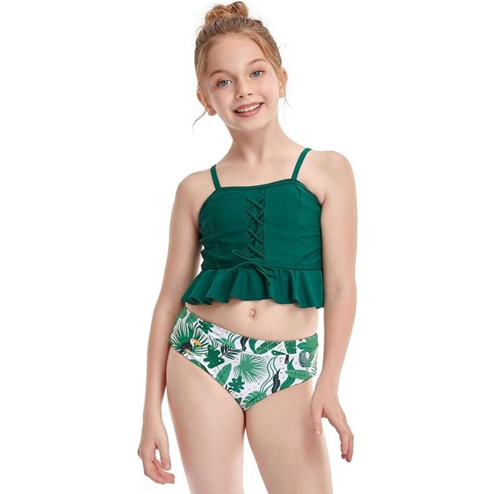 Costum de baie pentru fetite format din 2 piese, bustiera si slip modern, ideal pentra1`u plaja sau inot, verde cu alb si imprimeu, Alb/Verde