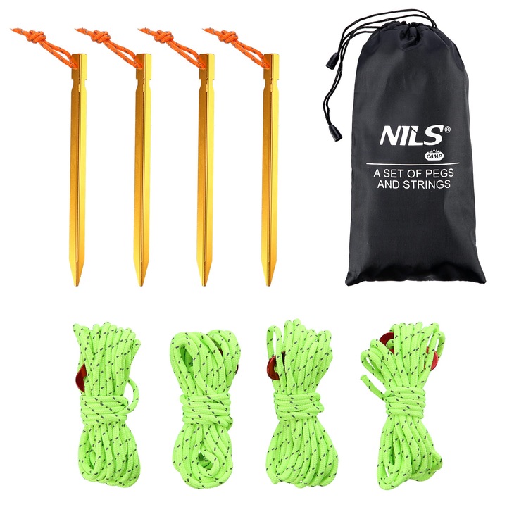 Set de ancorare, NILS CAMP, 4 naciagi de 415cm, 10 sledzi de 18.5cm, aluminiu\nylon