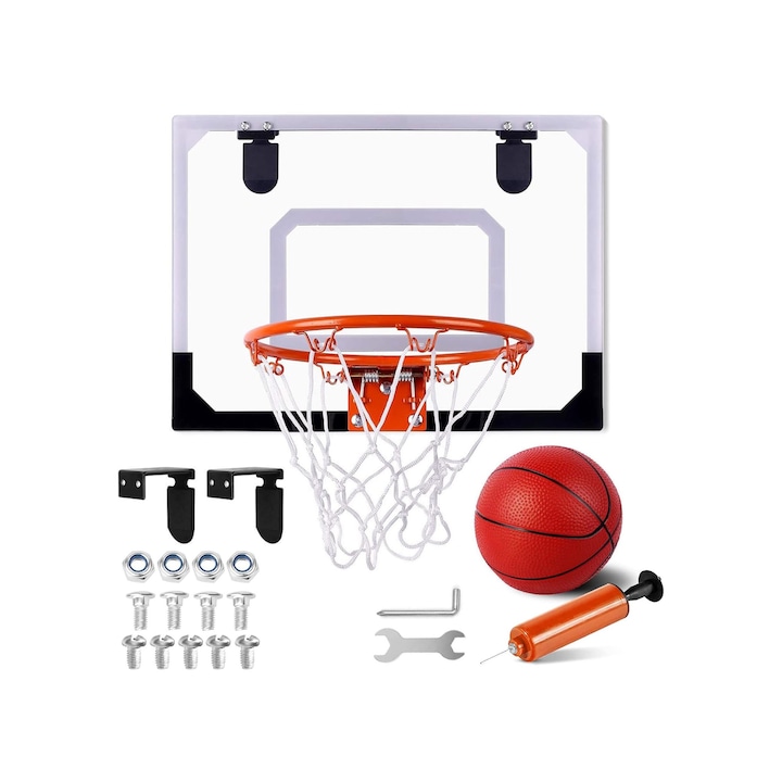 Детски баскетболен кош, включена топка, метален ринг, прозрачен панел от плексиглас, закрепване за стена или врата, за вътрешна или външна употреба