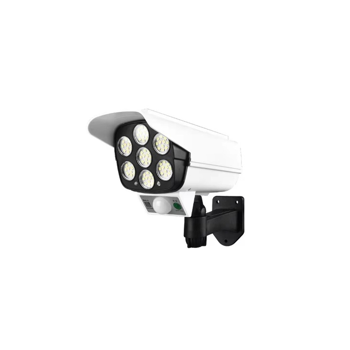 Napelemes lámpa, hamis kamera típusú panellel, mozgás- és fényérzékelővel, 77 LED, IP65, vízálló, távirányítóval, 3 világítási mód