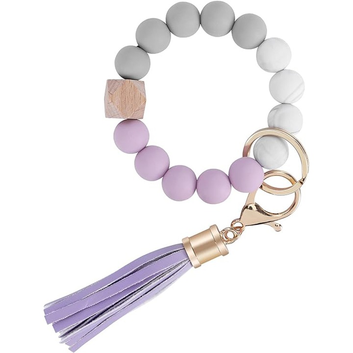 Kulcstartó karkötővel, BOMSTOM, szilikon és fa gyöngyökkel, bőr bojtokkal