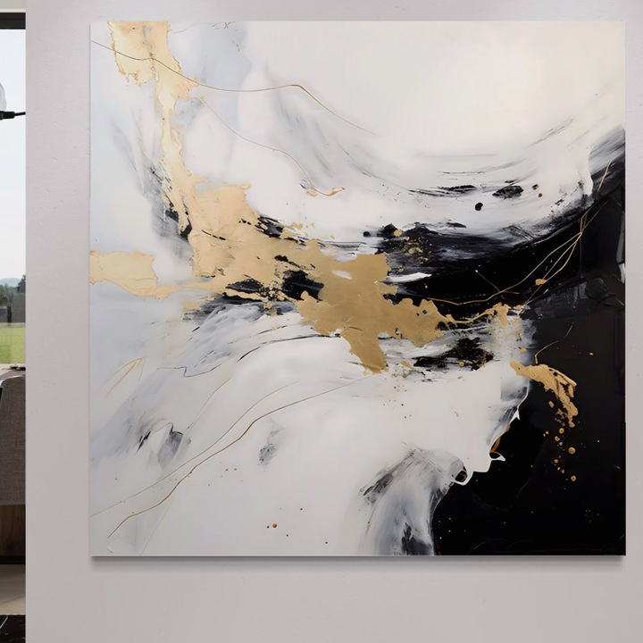 Премиум Канава Табло, LuxCanva® A1569, Хармония на Абстракцията, 75 X 75 CM, 100% Памучно Платно 400гр/м2, Дървена Рамка, Стая, Златисто, Мрамор, Бяло, Абстрактно, Дневна, Живи Цветове