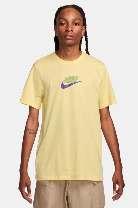 Nike, Тениска с овално деколте и лого, Оранжев/Светло жълто