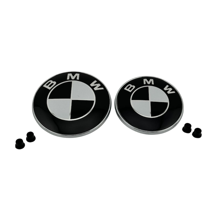 Set 2 embleme BMW 82mm/74mm, cu garnituri, alb/negru, pentru seria 3 E90 E46