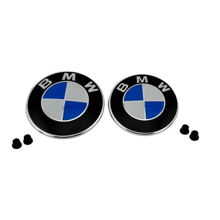 2 db BMW embléma készlet 82mm/74mm, tömítésekkel, fehér/kék, 3 sorozathoz E90 E46