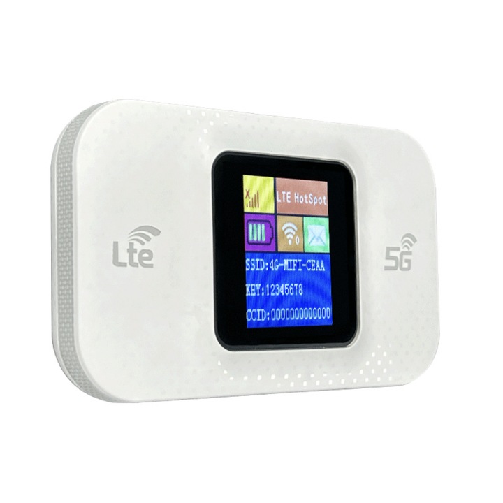 Modem WIFI de buzunar 4/5G LTE, ambrasmart, Alb, Cu baterie si sloturi de card, Conexiune multipla, Ecran LCD, Type C