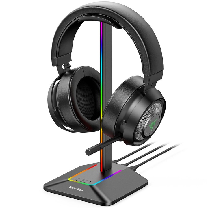 Játékos fejhallgató támogatás RGB környezeti világítással, adatátviteli és töltési funkcióval, 2 x USB-vel, plug and play funkcióval, csúszásmentes, alumínium, fekete, Disco-állvány