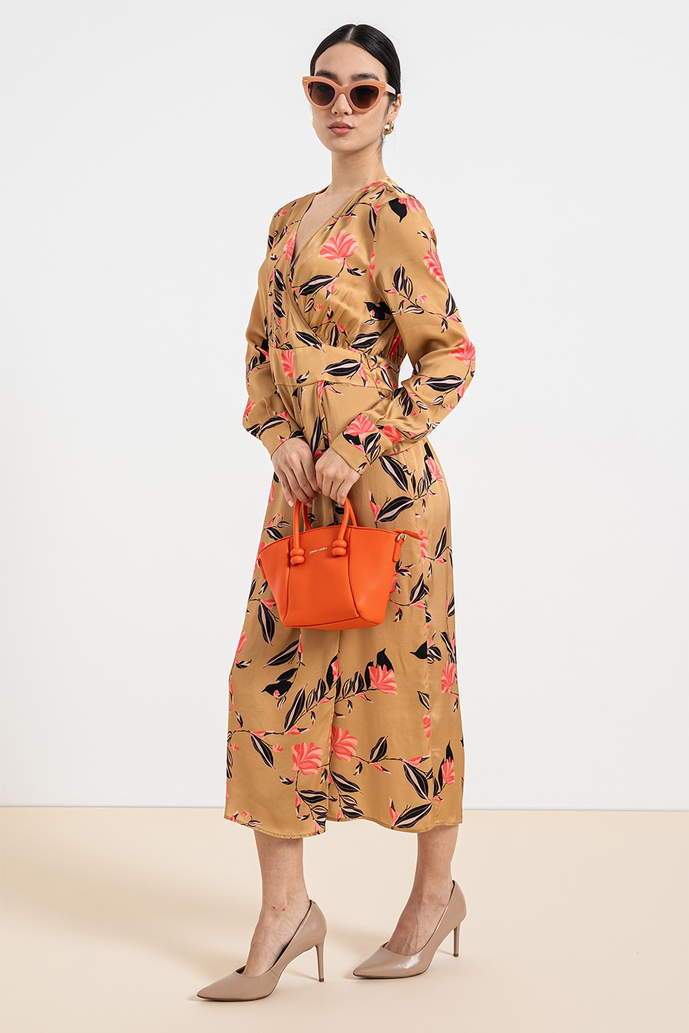 Stefanel, Rochie midi cu imprimeu floral, Roz aprins, Negru stins, Maro nisip, 42