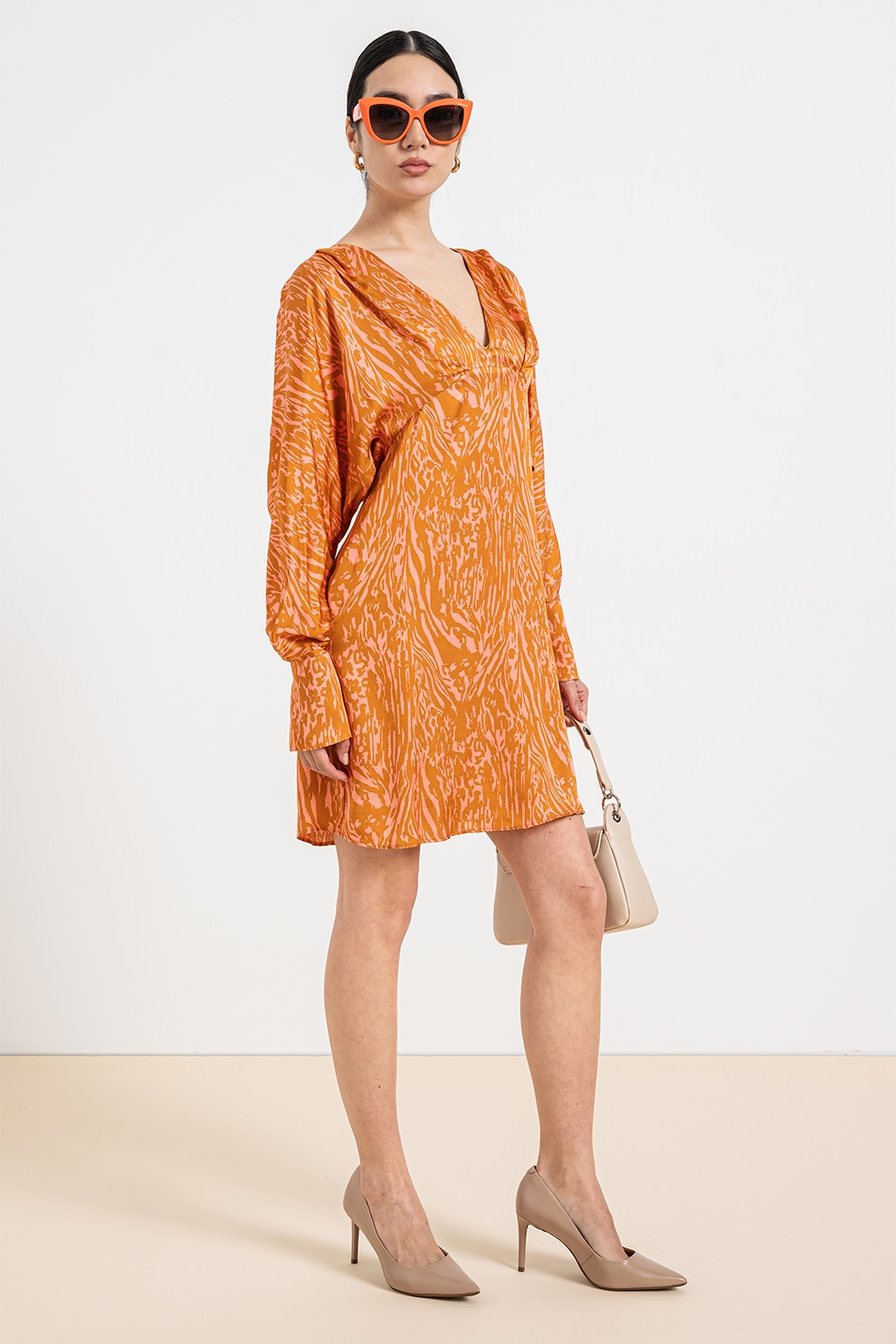 Stefanel, Rochie mini de satin, Portocaliu, Roz, 42