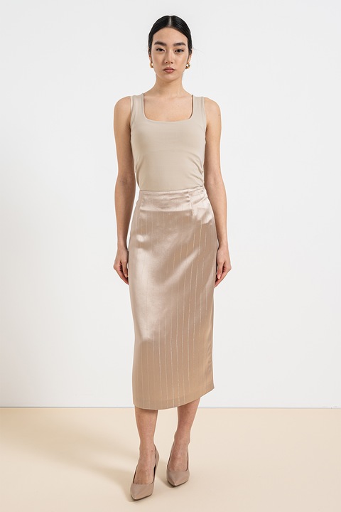 Stefanel, Fusta midi de satin, Maro taupe, 42