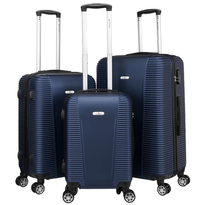 Комплект 3 куфара с колеца Peterson ABS, тъмно сини, SM и L