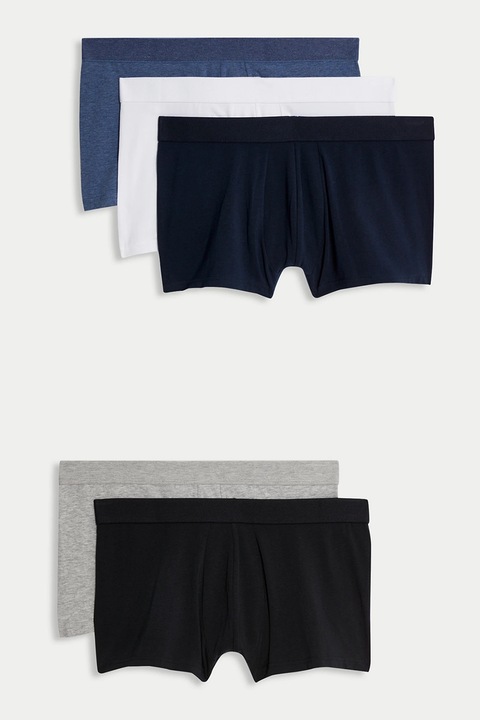 Marks & Spencer, Set de boxeri cu talie elastica - 5 perechi, Alb/Albastru prafuit/Bleumarin